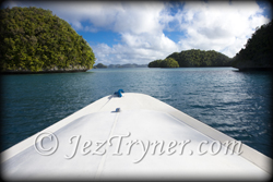 Speeboat through the rock islands in Palau