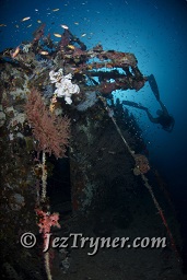 A diver at the stunning Kudu Giri wreck, Kudu giri, Maldives, Indian ocean, Asia