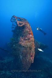 A diver hovers above the wreck of the Der Yang (scuttled in 1988), Echuca patch, Kavieng, Pacific ocean, Papua New Guinea,  Asia