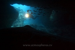 Diver looking into one of the caves dotted around, Nusa blowholes, Kavieng, Pacific ocean, Papua New Guinea,  Asia